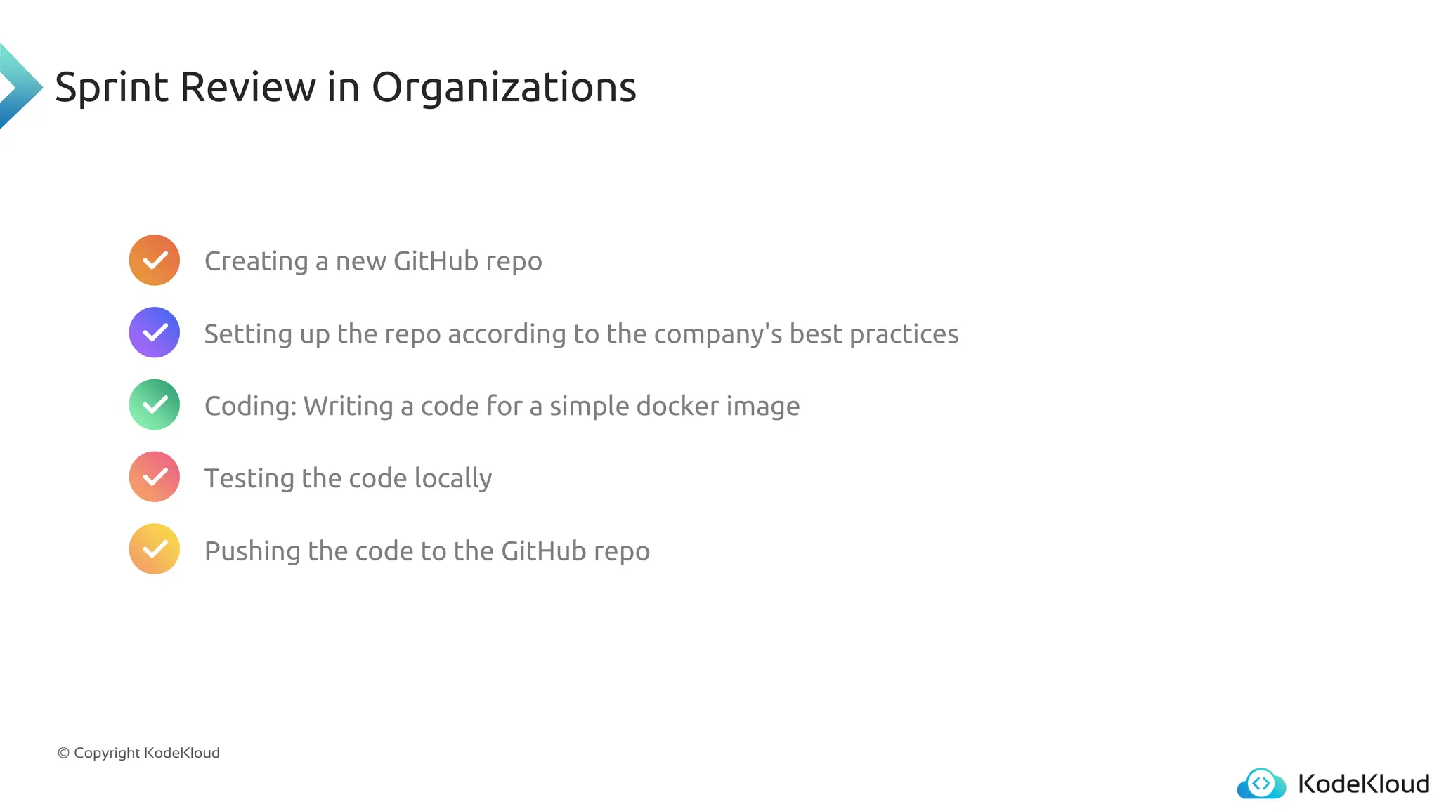 © Copyright KodeKloud
Sprint Review in Organizations
Creating a new GitHub repo
Setting up the repo according to the company's best practices
Coding: Writing a code for a simple docker image
Testing the code locally
Pushing the code to the GitHub repo
 