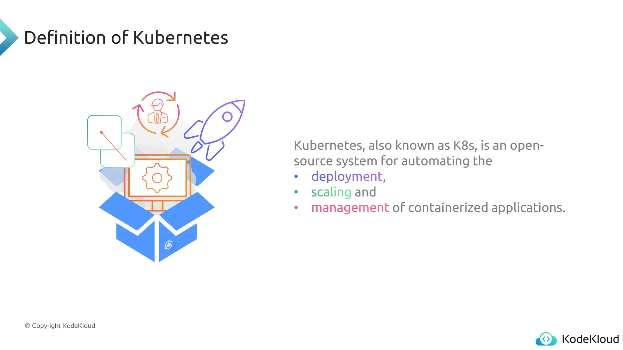 © Copyright KodeKloud
Definition of Kubernetes
Kubernetes, also known as K8s, is an open-
source system for automating the
,
and
of containerized applications.
 