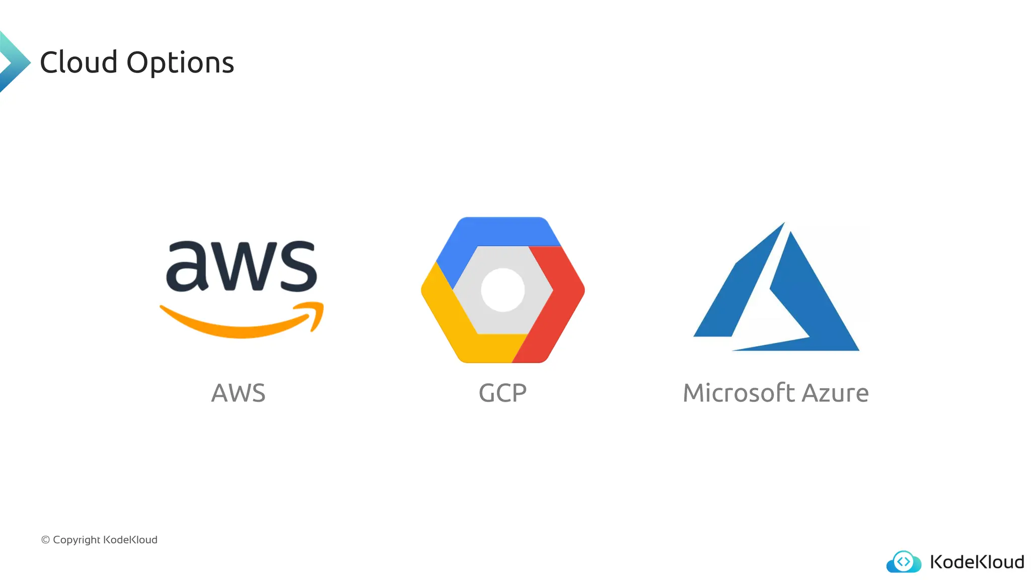 © Copyright KodeKloud
Cloud Options
AWS GCP Microsoft Azure
 