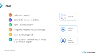 © Copyright KodeKloud
Recap
Make code changes
Commit the changes to GitHub
Open a pull request (PR)
Merge the PR to the main/master repo
Cloud Build is triggered
Cloud Build will store the Docker image
to the Artifact Registry
Cloud
Build
GCP
Artifact
Registry
GitHub
 