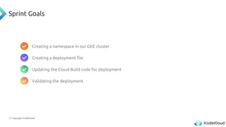 © Copyright KodeKloud
Sprint Goals
Creating a namespace in our GKE cluster
Creating a deployment file
Updating the Cloud Build code for deployment
Validating the deployment
 