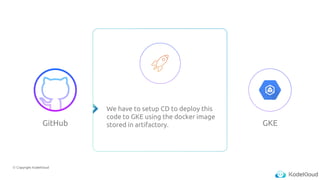 © Copyright KodeKloud
GitHub GKE
We have to setup CD to deploy this
code to GKE using the docker image
stored in artifactory.
 