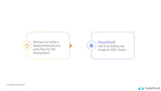 © Copyright KodeKloud
We have to write a
deployment/service
yaml files for K8
deployment.
Use it to deploy our
image to GKE cluster.
 