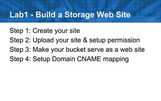 Lab1 - Build a Storage Web Site
Step 1: Create your site
Step 2: Upload your site & setup permission
Step 3: Make your bucket serve as a web site
Step 4: Setup Domain CNAME mapping
 