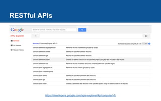RESTful APIs
https://developers.google.com/apis-explorer/#p/compute/v1/
 