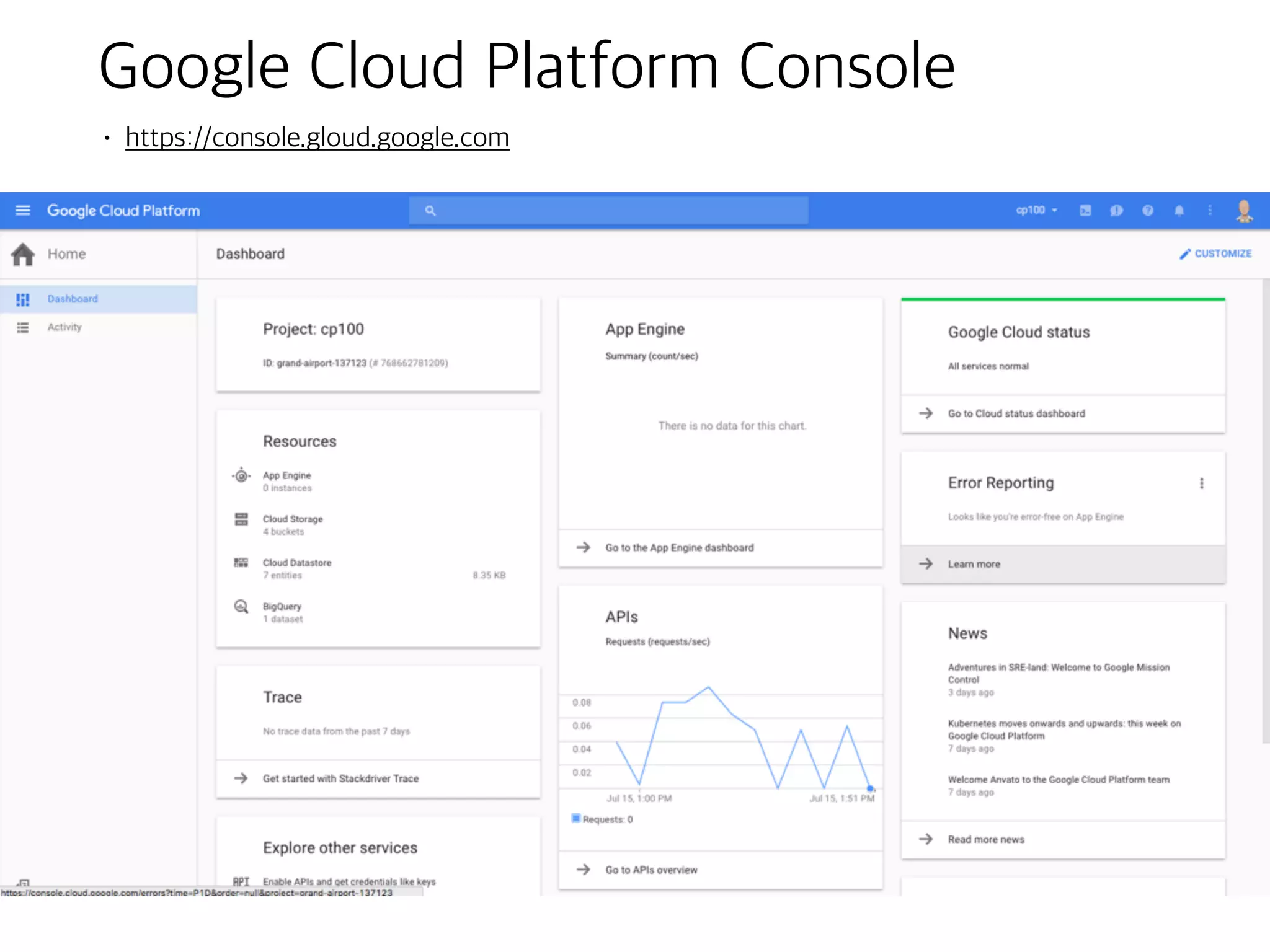 Projects
• All GCP services are associated
with a project that is used to:
• Track resources and quota ranges
• Enable billing
• Manage permissions and credentials
• Enable services and APIs
• Projects use three identifying
attributes:
• Project Name
• Project Number
• Project ID - aka Application ID
• Interact with projects using the
Cloud Console or the Cloud
Resource Manager APIAlpha
 