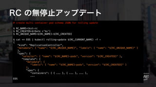 RC の無停止アップデート
# create multi container pod schema JSON for rolling update 
$ RC_NAME=tkst-rc
$ RC_CREATED=$(Date +'%s')  
...