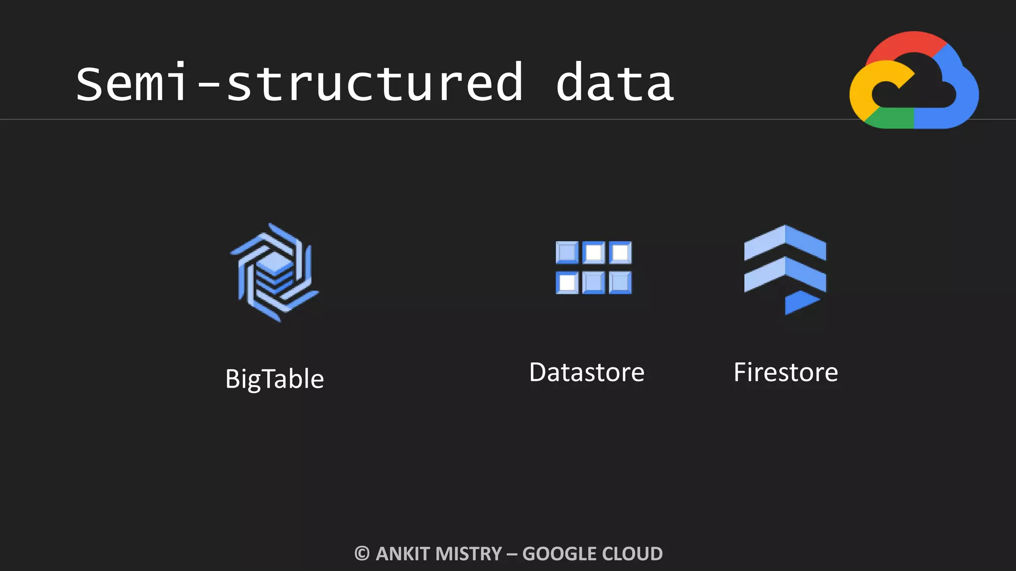 Semi-structured data
© ANKIT MISTRY – GOOGLE CLOUD
BigTable Datastore Firestore
 