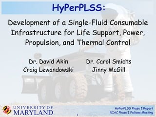 Development of a Single-Fluid Consumable 
Infrastructure for Life Support, Power, 
Propulsion, and Thermal Control 
HyPerPLSS Phase I Report 
NIAC Phase I Fellows Meeting 
HyPerPLSS: 
U N I V E R S I T Y O F 
MARYLAND 
1 
Dr. David Akin 
Craig Lewandowski 
Dr. Carol Smidts 
Jinny McGill 
 