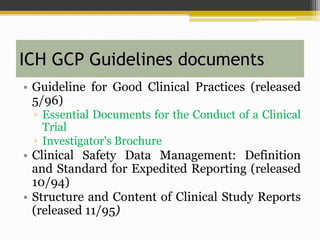ICH GCP Guidelines documents
• Guideline for Good Clinical Practices (released
5/96)
▫ Essential Documents for the Conduct of a Clinical
Trial
▫ Investigator's Brochure
• Clinical Safety Data Management: Definition
and Standard for Expedited Reporting (released
10/94)
• Structure and Content of Clinical Study Reports
(released 11/95)
 
