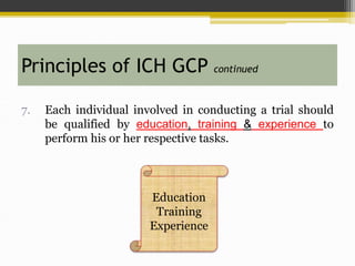 7. Each individual involved in conducting a trial should
be qualified by education, training & experience to
perform his or her respective tasks.
Principles of ICH GCP continued
Education
Training
Experience
 