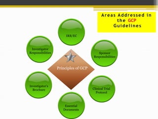 Areas Addressed in
the GCP
Gu idelin es
IRB/EC
Investigator
Responsibilities
Investigator’s
Brochure Clinical Trial
Protocol
Sponsor
Responsibilities
Essential
Documents
Principles of GCP
 