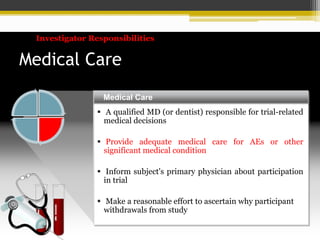 Medical Care
 A qualified MD (or dentist) responsible for trial-related
medical decisions
 Provide adequate medical care for AEs or other
significant medical condition
 Inform subject's primary physician about participation
in trial
 Make a reasonable effort to ascertain why participant
withdrawals from study
Medical Care
Investigator Responsibilities
 
