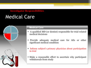 Medical Care
 A qualified MD (or dentist) responsible for trial-related
medical decisions
 Provide adequate medical care for AEs or other
significant medical condition
 Inform subject's primary physician about participation
in trial
 Make a reasonable effort to ascertain why participant
withdrawals from study
Medical Care
Investigator Responsibilities
 