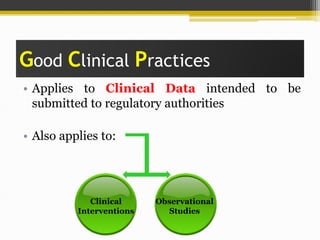 Good Clinical Practices
• Applies to Clinical Data intended to be
submitted to regulatory authorities
• Also applies to:
Clinical
Interventions
Observational
Studies
 