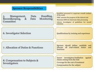 5. Management, Data Handling,
Recordkeeping, & Data Monitoring
Committee
6. Investigator Selection
7. Allocation of Duties & Functions
8. Compensation to Subjects &
Investigators
Sponsor Responsibilities
Qualified personnel to supervise overall conduct
of the study
DMC assesses the progress of the clinical trial
Maintain SOPs for electronic data processing
Inform Investigator of guidelines for record
retention
Qualifications by training and experience
Sponsor should define, establish and
allocate all trial-related duties and
functions
Insure investigator/institution against
claims arising from the trial
Coverage for the cost of treatment
Compensation for the subject
 