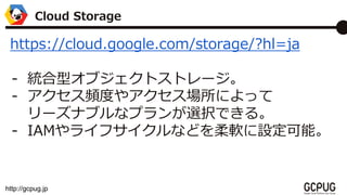 http://gcpug.jp
https://cloud.google.com/storage/?hl=ja
- y֥ͥȥȥ`
- lȤ䥢ˤä
`ʥ֥ʥץxkǤ롣
- IAM饤եʤɤܛOܡ
Cloud Storage
 