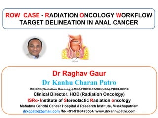 ROW CASE - RADIATION ONCOLOGY WORKFLOW
TARGET DELINEATION IN ANAL CANCER
Dr Raghav Gaur
Dr Kanhu Charan Patro
MD,DNB(Radiation Oncology),MBA,FICRO,FAROI(USA),PDCR,CEPC
Clinical Director, HOD (Radiation Oncology)
ISRo- Institute of Stereotactic Radiation oncology
Mahatma Gandhi Cancer Hospital & Research Institute, Visakhapatnam
drkcpatro@gmail.com /M- +91-9160470564/ www.drkanhupatro.com
 