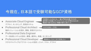 今現在、日本語で受験可能なGCP資格
● Associate Cloud Engineer
デプロイ、モニタリング、管理のスキル
● Professional Cloud Architect
動的ソリューションを設計、開発、管理するスキル
● Professional Data Engineer
データ処理システムの設計、構築、運用化、保護、モニタリング
● Professional Cloud Developer
クラウドネイティブなアプリケーションの設計、ビルド、テスト、デプロイ
今回受かったのはこれ。一番入門的な位置づけだが、
運用周りの知識(コマンドオプションとか)が問われるため
最後まで絞り込めない問題が意外と多かった…
そのうち取る！(予定)
開発者としてはここまで目指したい
 