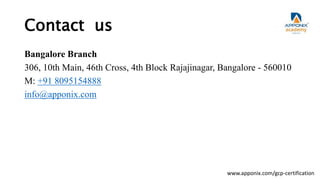 Contact us
Bangalore Branch
306, 10th Main, 46th Cross, 4th Block Rajajinagar, Bangalore - 560010
M: +91 8095154888
info@apponix.com
www.apponix.com/gcp-certification
 