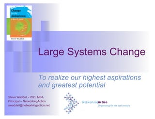 Large Systems Change
To realize our highest aspirations
and greatest potential
Steve Waddell - PhD, MBA
Principal – NetworkingAction
swaddell@networkingaction.net
 