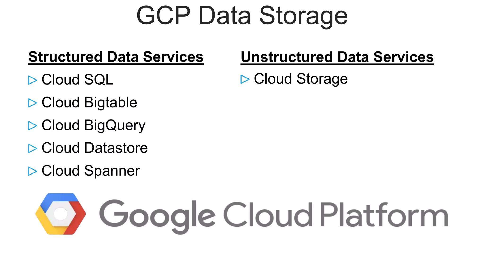 GCP Data Storage
Structured Data Services
Cloud SQL
Cloud Bigtable
Cloud BigQuery
Cloud Datastore
Cloud Spanner
Unstructured Data Services
Cloud Storage
 