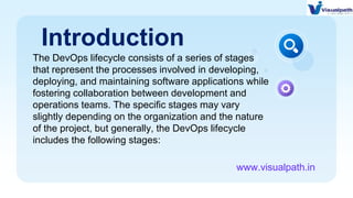 Introduction
The DevOps lifecycle consists of a series of stages
that represent the processes involved in developing,
deploying, and maintaining software applications while
fostering collaboration between development and
operations teams. The specific stages may vary
slightly depending on the organization and the nature
of the project, but generally, the DevOps lifecycle
includes the following stages:
www.visualpath.in
 
