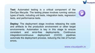 Test: Automated testing is a critical component of the
DevOps lifecycle. The testing phase involves running various
types of tests, including unit tests, integration tests, regression
tests, and performance tests.
Deploy: The deployment stage involves releasing the code
and artifacts to the production environment or other target
environments. Automation is key in this stage to ensure
consistent and error-free deployments. Continuous
integration/continuous deployment (CI/CD) pipelines
automate the deployment process, reducing the risk of human
errors.
www.visualpath.in
 