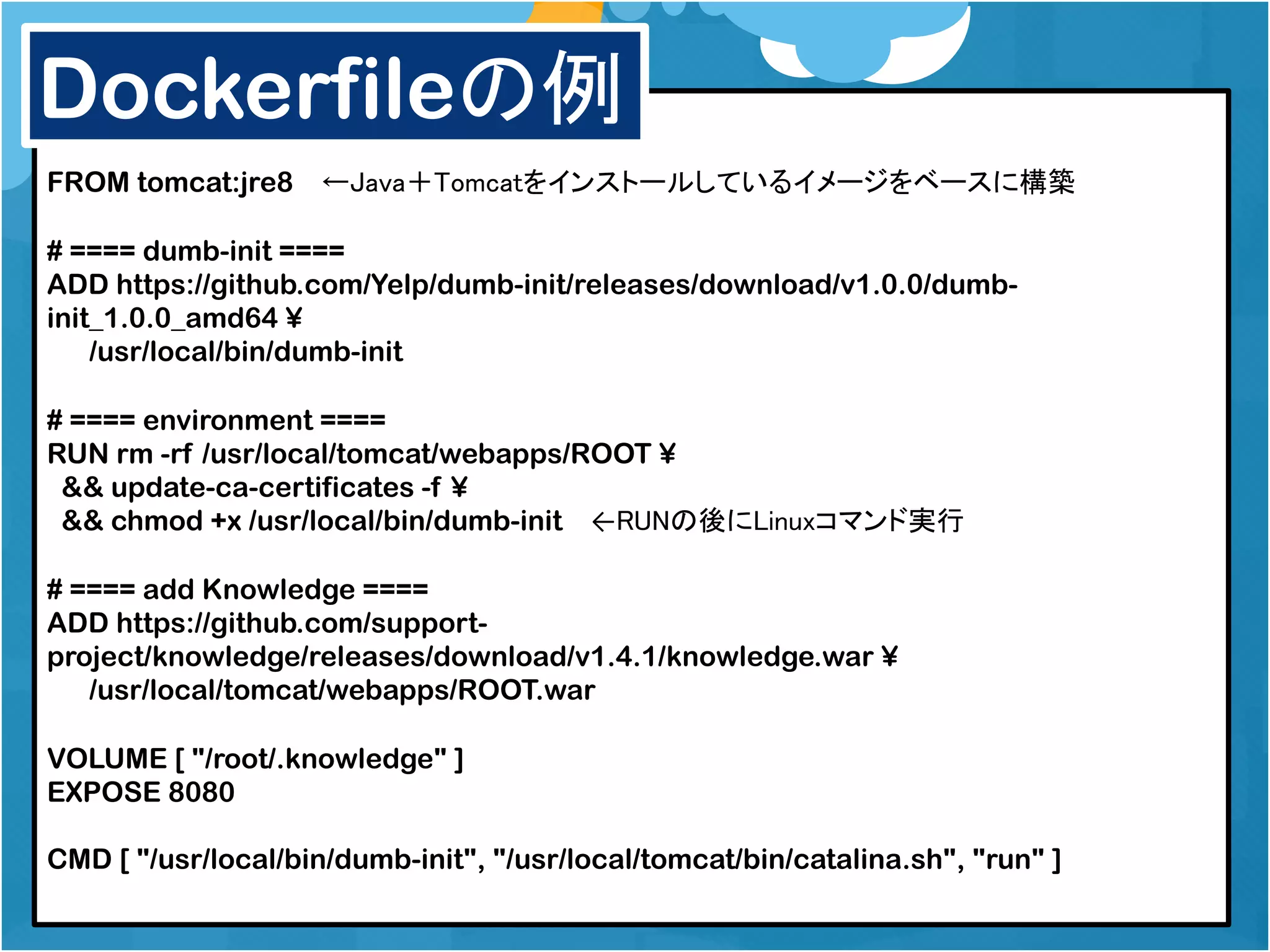 # Dockerfile for Knowledge
FROM tomcat:jre8 ←Java＋Tomcatをインストールしているイメージをベースに構築
# ==== dumb-init ====
ADD https://github.com/Yelp/dumb-init/releases/download/v1.0.0/dumb-
init_1.0.0_amd64 ¥
/usr/local/bin/dumb-init
# ==== environment ====
RUN rm -rf /usr/local/tomcat/webapps/ROOT ¥
&& update-ca-certificates -f ¥
&& chmod +x /usr/local/bin/dumb-init ←RUNの後にLinuxコマンド実行
# ==== add Knowledge ====
ADD https://github.com/support-
project/knowledge/releases/download/v1.4.1/knowledge.war ¥
/usr/local/tomcat/webapps/ROOT.war
VOLUME [ "/root/.knowledge" ]
EXPOSE 8080
CMD [ "/usr/local/bin/dumb-init", "/usr/local/tomcat/bin/catalina.sh", "run" ]
Dockerfileの例
 