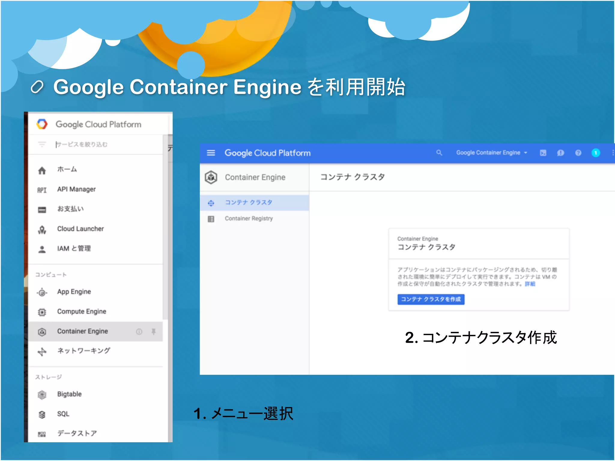 Google Container Engine を利用開始
1. メニュー選択
2. コンテナクラスタ作成
 
