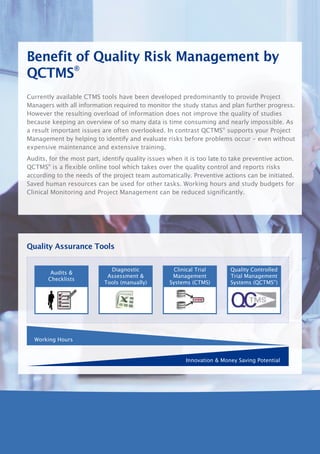 Benefit of Quality Risk Management by
QCTMS®
Currently available CTMS tools have been developed predominantly to provide Project
Managers with all information required to monitor the study status and plan further progress.
However the resulting overload of information does not improve the quality of studies
because keeping an overview of so many data is time consuming and nearly impossible. As
a result important issues are often overlooked. In contrast QCTMS® supports your Project
Management by helping to identify and evaluate risks before problems occur - even without
expensive maintenance and extensive training.
Audits, for the most part, identify quality issues when it is too late to take preventive action.
QCTMS® is a flexible online tool which takes over the quality control and reports risks
according to the needs of the project team automatically. Preventive actions can be initiated.
Saved human resources can be used for other tasks. Working hours and study budgets for
Clinical Monitoring and Project Management can be reduced significantly.




Quality Assurance Tools

                              Diagnostic             Clinical Trial      Quality Controlled
        Audits &
                             Assessment &           Management           Trial Management
       Checklists
                            Tools (manually)       Systems (CTMS)        Systems (QCTMS®)




  Working Hours


                                                         Innovation & Money Saving Potential
 