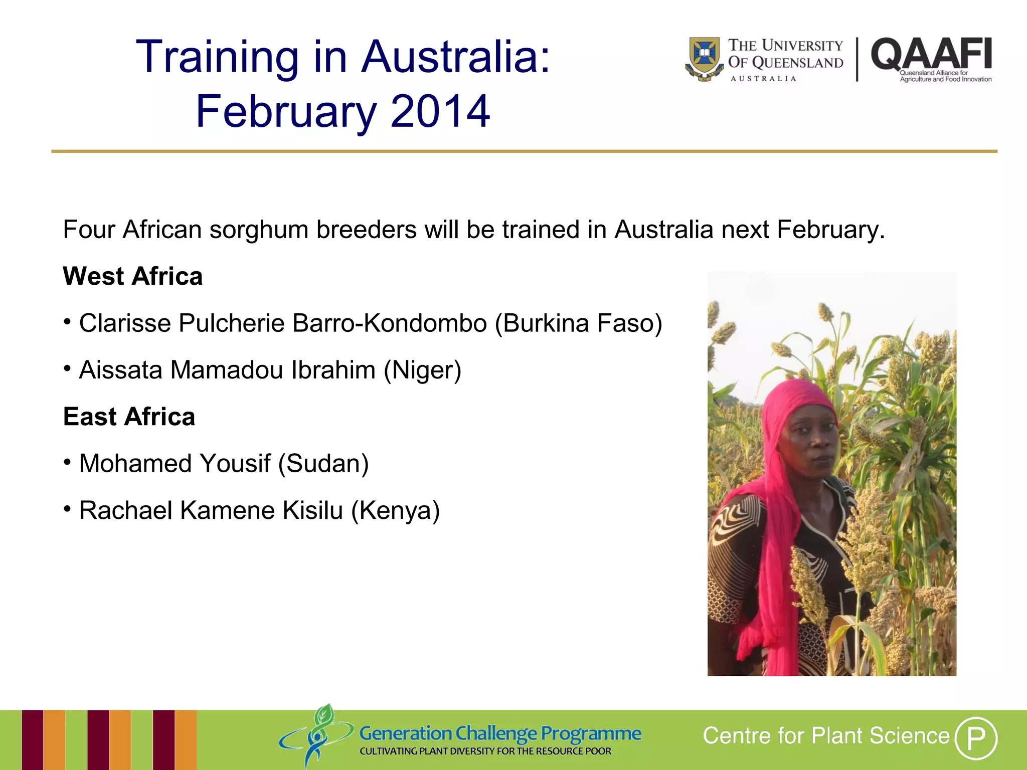 Working together with the
Queensland Government
Training in Australia:
February 2014
Four African sorghum breeders will be trained in Australia next February.
West Africa
• Clarisse Pulcherie Barro-Kondombo (Burkina Faso)
• Aissata Mamadou Ibrahim (Niger)
East Africa
• Mohamed Yousif (Sudan)
• Rachael Kamene Kisilu (Kenya)
 