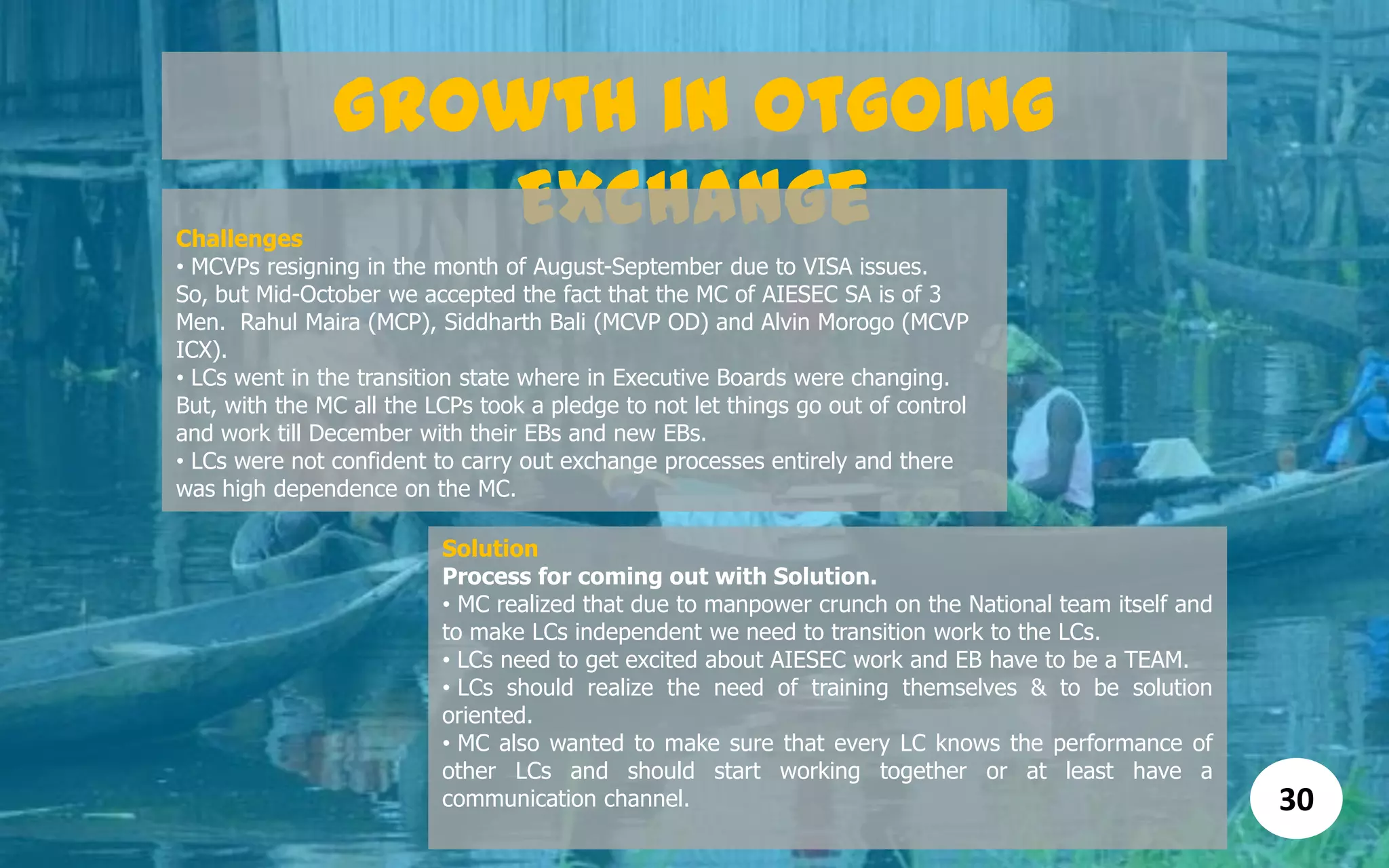 Growth in Otgoing
ExchangeChallenges
• MCVPs resigning in the month of August-September due to VISA issues.
So, but Mid-October we accepted the fact that the MC of AIESEC SA is of 3
Men. Rahul Maira (MCP), Siddharth Bali (MCVP OD) and Alvin Morogo (MCVP
ICX).
• LCs went in the transition state where in Executive Boards were changing.
But, with the MC all the LCPs took a pledge to not let things go out of control
and work till December with their EBs and new EBs.
• LCs were not confident to carry out exchange processes entirely and there
was high dependence on the MC.
Solution
Process for coming out with Solution.
• MC realized that due to manpower crunch on the National team itself and
to make LCs independent we need to transition work to the LCs.
• LCs need to get excited about AIESEC work and EB have to be a TEAM.
• LCs should realize the need of training themselves & to be solution
oriented.
• MC also wanted to make sure that every LC knows the performance of
other LCs and should start working together or at least have a
communication channel. 30
 