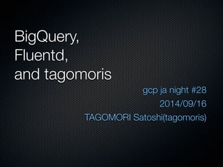 BigQuery, 
Fluentd, 
and tagomoris 
gcp ja night #28 
2014/09/16 
TAGOMORI Satoshi(tagomoris) 
 