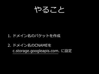 やること
1. ドメイン名のバケットを作成
2. ドメイン名のCNAMEを
c.storage.googleapis.com. に設定
 