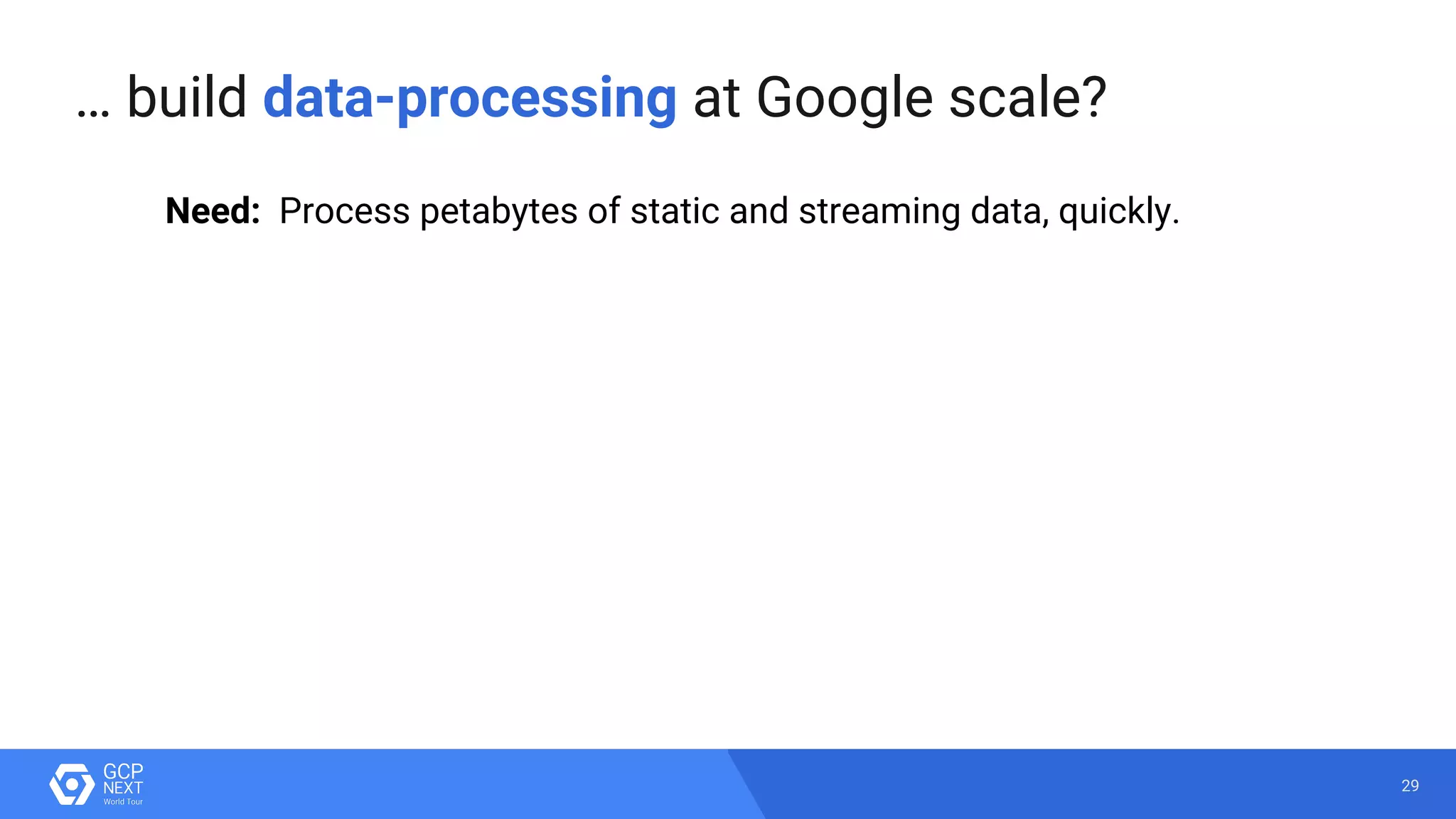 29
Need: Process petabytes of static and streaming data, quickly.
… build data-processing at Google scale?
 
