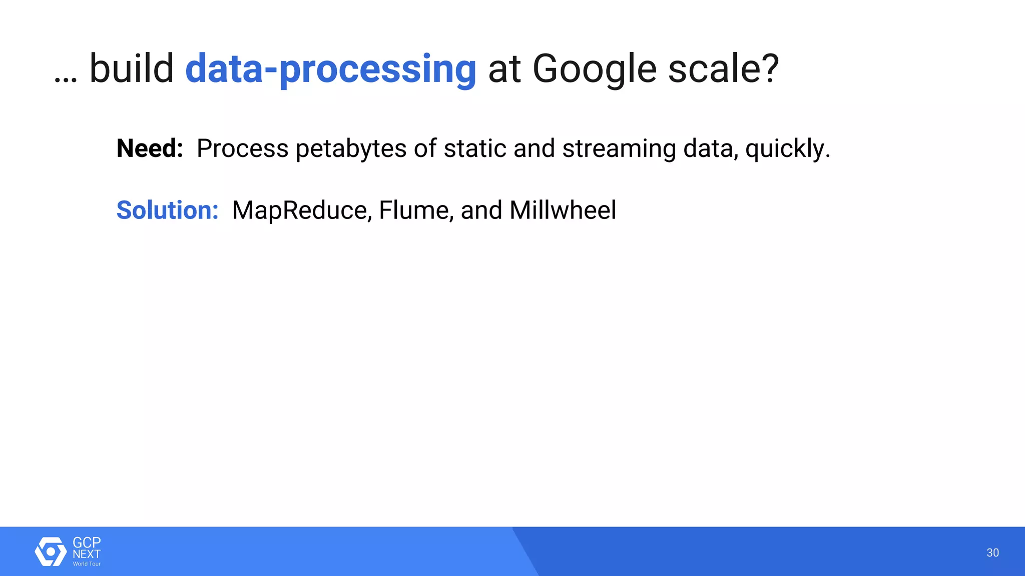 30
Need: Process petabytes of static and streaming data, quickly.
Solution: MapReduce, Flume, and Millwheel
… build data-processing at Google scale?
 