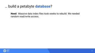 23
Need: Massive data index files took weeks to rebuild. We needed
random read/write access.
… build a petabyte database?
 