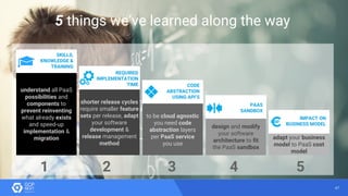 47
5 things we’ve learned along the way
1 2 3 4 5
SKILLS,
KNOWLEDGE &
TRAINING
REQUIRED
IMPLEMENTATION
TIME CODE
ABSTRACTION
USING API’S
PAAS
SANDBOX
IMPACT ON
BUSINESS MODEL
understand all PaaS
possibilities and
components to
prevent reinventing
what already exists
and speed-up
implementation &
migration
shorter release cycles
require smaller feature
sets per release, adapt
your software
development &
release management
method
to be cloud agnostic
you need code
abstraction layers
per PaaS service
you use
design and modify
your software
architecture to fit
the PaaS sandbox
adapt your business
model to PaaS cost
model
 