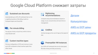 Google Cloud Platform 18
Google Cloud Platform снижает затраты
Детали
Калькуляторы
AWS vs GCP цены
AWS vs GCP продукты
 