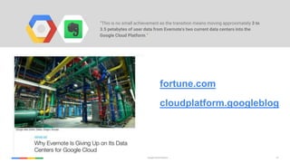37Google Cloud Platform
“This is no small achievement as the transition means moving approximately 3 to
3.5 petabytes of user data from Evernote's two current data centers into the
Google Cloud Platform.”
fortune.com
cloudplatform.googleblog
 