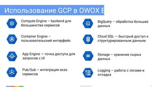Google Cloud Platform 42
Использование GCP в OWOX BI
Pub/Sub – интеграция всех
сервисов
Compute Engine – backend для
большинства сервисов
Container Engine –
пользовательский интерфейс
App Engine — точка доступа для
запросов с UI
BigQuery – обработка больших
данных
Storage – хранение сырых
данных
Logging – работа с логами и
отладка
Cloud SQL — быстрый доступ к
структурированным данным
 