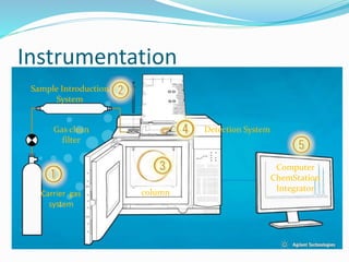 Instrumentation
Carrier gas
system
Gas clean
filter
Sample Introduction
System
column
Detection System
Computer
ChemStation
Integrator
 