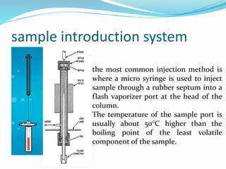 sample introduction system
the most common injection method is
where a micro syringe is used to inject
sample through a rubber septum into a
flash vaporizer port at the head of the
column.
The temperature of the sample port is
usually about 50°C higher than the
boiling point of the least volatile
component of the sample.
 