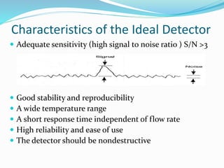 Characteristics of the Ideal Detector
 Adequate sensitivity (high signal to noise ratio ) S/N >3
 Good stability and reproducibility
 A wide temperature range
 A short response time independent of flow rate
 High reliability and ease of use
 The detector should be nondestructive
 
