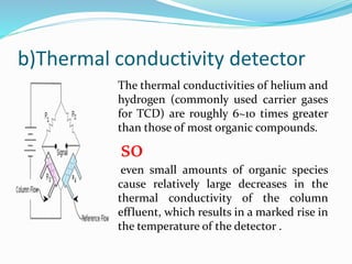b)Thermal conductivity detector
The thermal conductivities of helium and
hydrogen (commonly used carrier gases
for TCD) are roughly 6~10 times greater
than those of most organic compounds.
so
even small amounts of organic species
cause relatively large decreases in the
thermal conductivity of the column
effluent, which results in a marked rise in
the temperature of the detector .
 