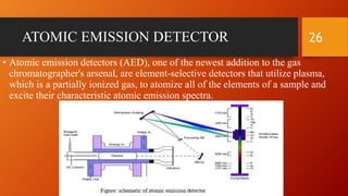ATOMIC EMISSION DETECTOR
• Atomic emission detectors (AED), one of the newest addition to the gas
chromatographer's arsenal, are element-selective detectors that utilize plasma,
which is a partially ionized gas, to atomize all of the elements of a sample and
excite their characteristic atomic emission spectra.
26
 