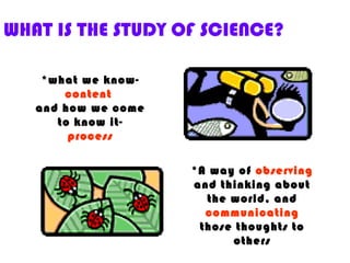 WHAT IS THE STUDY OF SCIENCE?
*what we know-
content
and how we come
to know it-
process
*A way of observing
and thinking about
the world, and
communicating
those thoughts to
others
 