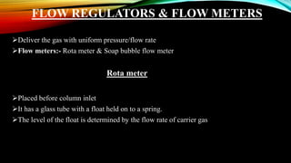 FLOW REGULATORS & FLOW METERS
Deliver the gas with uniform pressure/flow rate
Flow meters:- Rota meter & Soap bubble flow meter
Rota meter
Placed before column inlet
It has a glass tube with a float held on to a spring.
The level of the float is determined by the flow rate of carrier gas
 