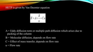 HETP is given by Van Deemter equation
A = Eddy diffusion term or multiple path diffusion which arises due to
packing of the column
B = Molecular diffusion, depends on flow rate
C = Effect of mass transfer, depends on flow rate
u = Flow rate
 